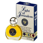 Light of Jerusalem anointing oil with frankincense, myrrh, cinnamon, and flower extracts in a 0.25 fl. oz. bottle with original biblical scented olive oil packaging